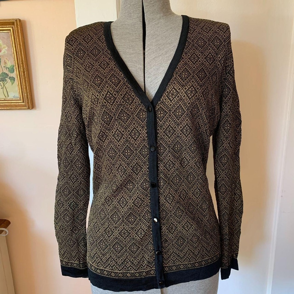 Dana Buchman Gold Black Geometric Diamond Pattern V-Neck Cardigan Sweater Medium